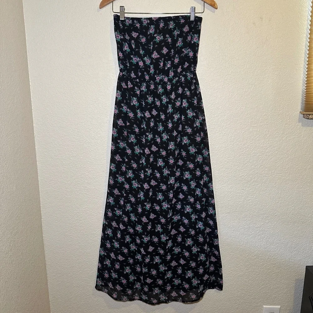 Forever 21 Size M Strapless Maxi Dress Black Floral Summer Bohemian Dark Romance - Picture 1 of 7